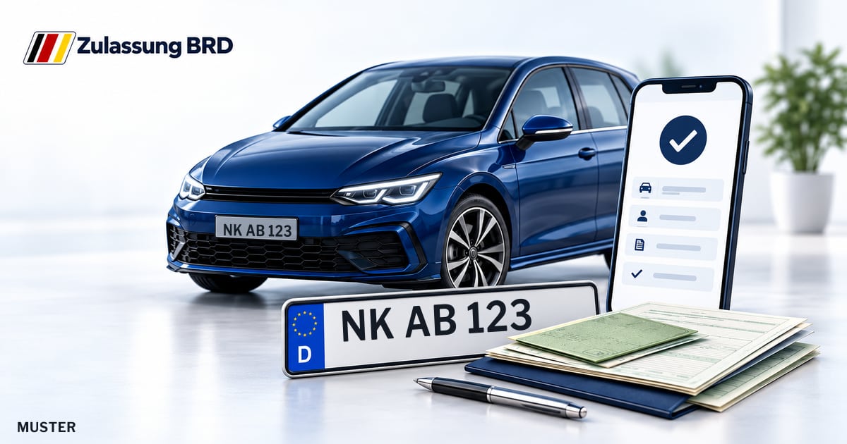 Online Fahrzeugzulassung in Illingen: Musterkennzeichen NK AB 123, Auto und Fahrzeugpapiere und Smartphone. Illustration mit Logo von Zulassung BRD.